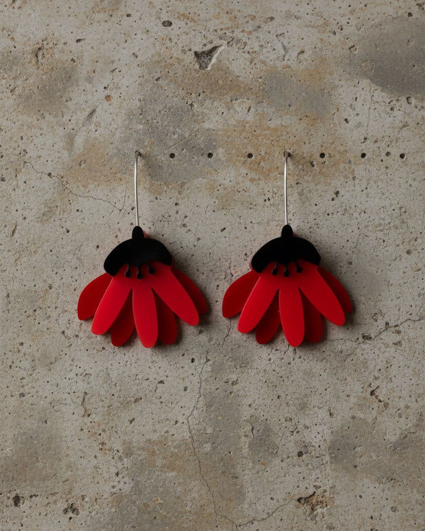 Pendientes Cami APTIQA grandes rojo rosa fondo cément diseño floral de autor